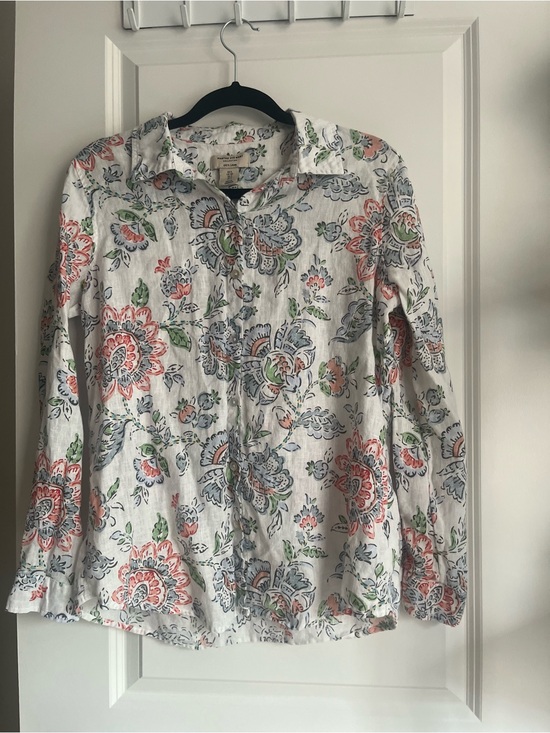 Martha Stewart Tops - Martha Stewart White Linen Blouse with Coral, Blue and Green Floral Print Smal